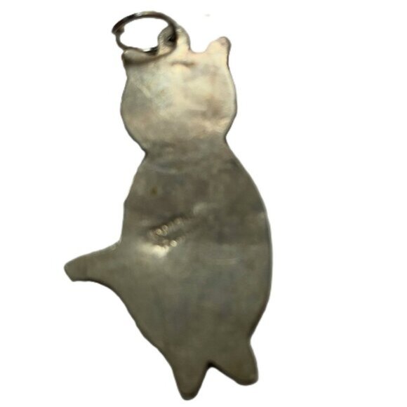 Vintage Abalone Alpaca (Mexican Silver)  and inlaid Enamel Cat Kitty Pendant - Picture 3 of 7